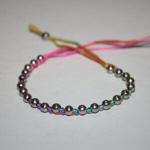Beautiful neon rainbow and silver beaded bracelet or anklet 12" adjustable